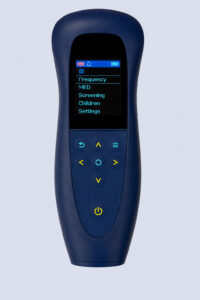 DENAS PCM Pro neurostimulation device front view with English menu