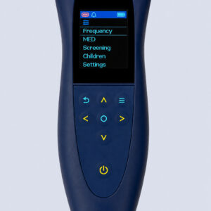DENAS PCM Pro neurostimulation device front view with English menu