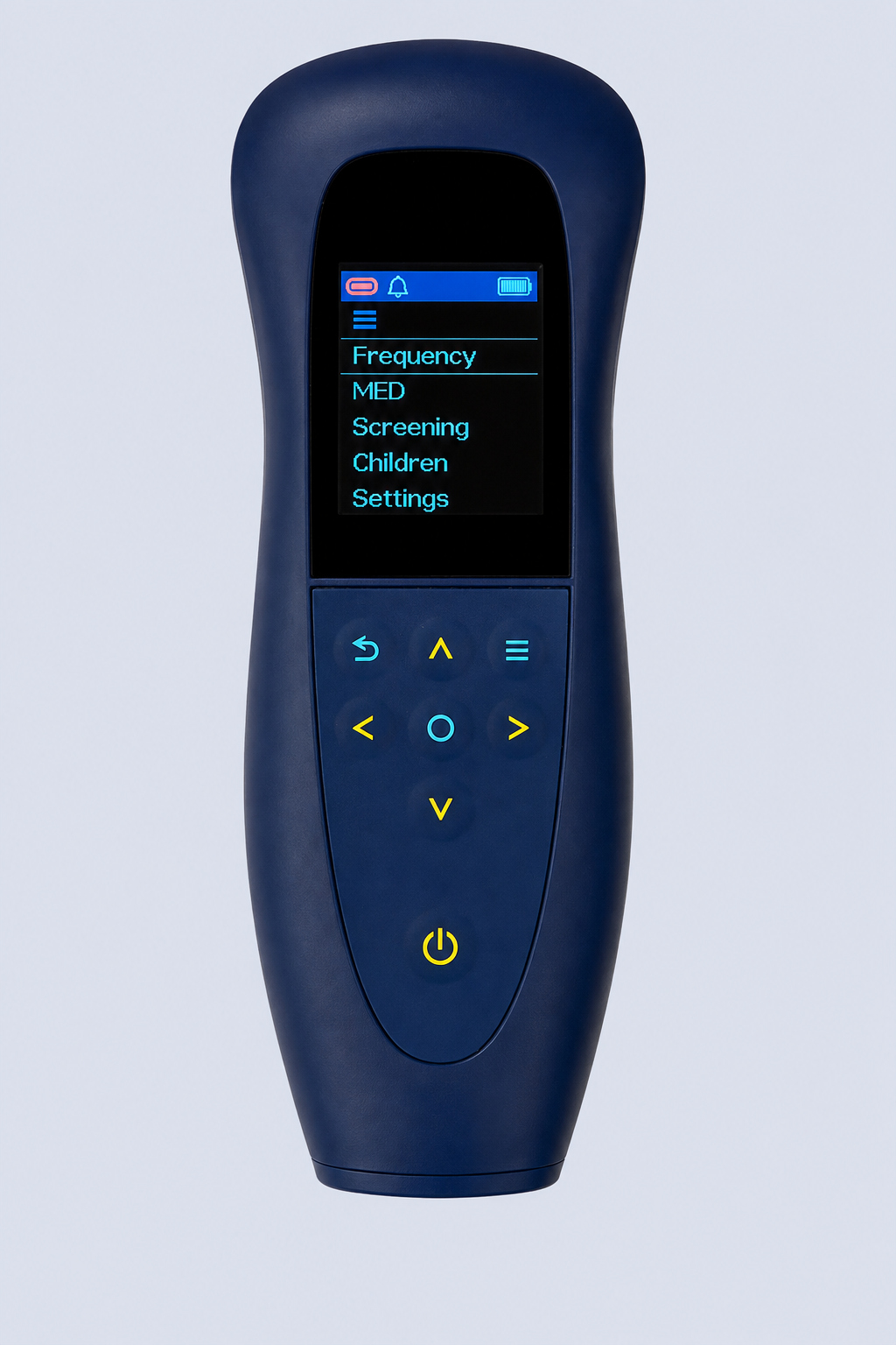 DENAS PCM Pro neurostimulation device front view with English menu